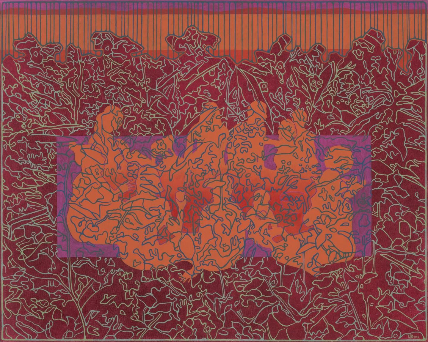 Peinture de Johanne Bilodeau, représentation abstraite en rouge, orange et mauve d'un pique-nique et de plantes. 