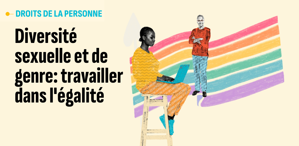 Image de la formation sur la diversité : des personnages dessinés assis et debout devant le drapeau de la Fierté..