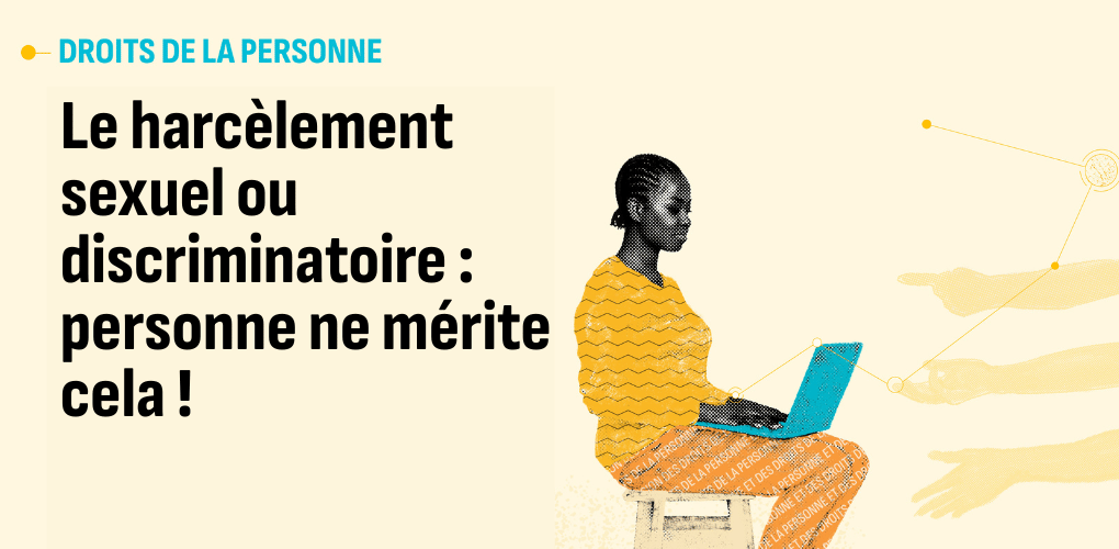 Image de la formation sur le harcèlement : dessin d'une femme noire assise sur un banc avec son ordinateur. :