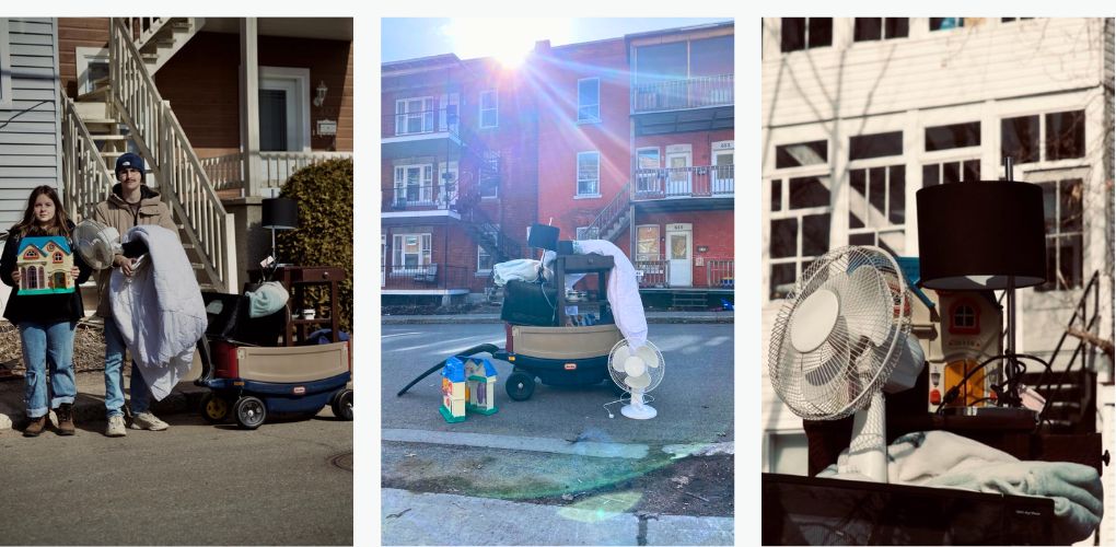 Trois images représentant la performance de Lacoursière et Tranchemontagne : des objets dans la rue dans un petit chariot ou dans les mains des artistes. 