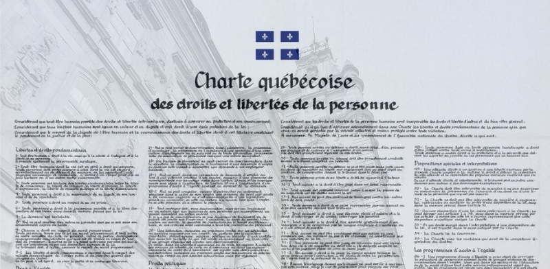 Une impression de la Charte québécoise des droits et libertés de la personne comporte son titre en haut, des symboles bleus de fleur de lys au-dessus, et  l'assemblée nationale en arrière-plan.