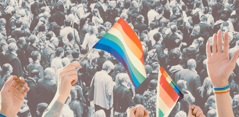 Plusieurs mains tiennent des drapeaux de la fierté arc-en-ciel et portent des bracelets arc-en-ciel au-dessus d'une grande foule noire et blanche, symbolisant la fierté et la visibilité des personnes LGBTQ+.