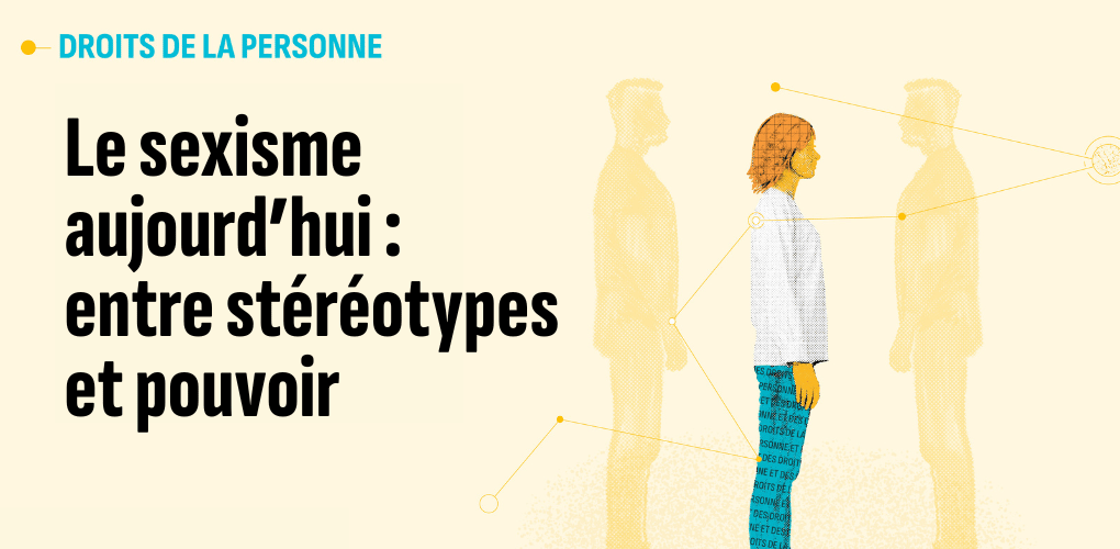 Image de la formation sur le sexisme : une femme dessinée devant des silhouettes d'hommes.